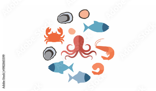 Seafood circle composition flat vector crab octopus fish shrimp oysters marine concept