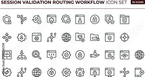 Session validation routing workflow outline icon set with authentication verification security configuration symbols for dashboards apps presentations web interface systems