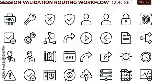 Session validation routing workflow outline icon set with authentication security verification symbols for dashboards apps presentations web interface systems