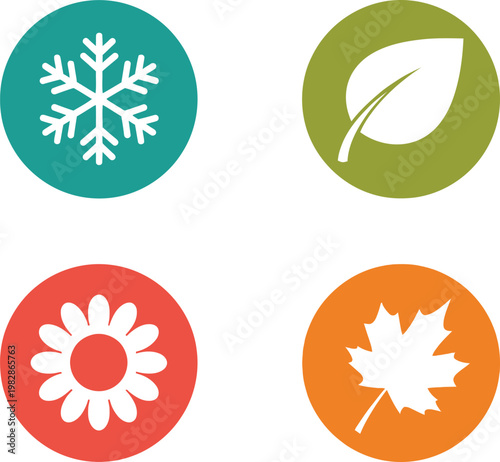 A vibrant collection of four circular icons representing the distinct seasons winter spring summer and autumn with corresponding symbols high quality