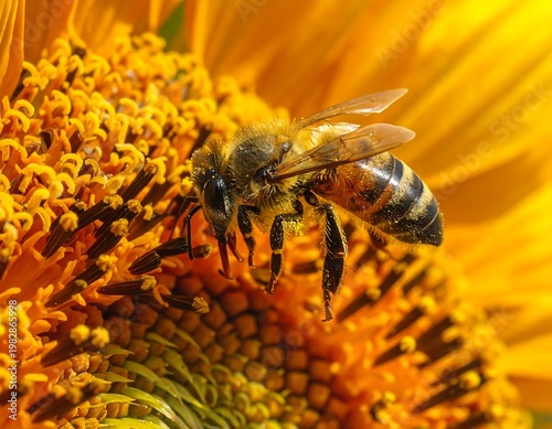 A honeybee diligently collecting nectar from a vibrant yellow sunflower blossom