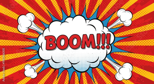 Comic book style illustration of an explosion with a 'BOOM' speech bubble in a dynamic scene.