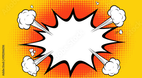 Comic book style illustration of explosion with white clouds on yellow background