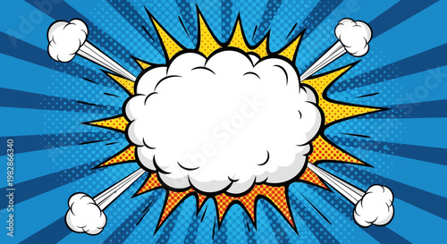 Comic book style explosion with a large white cloud and yellow rays on a blue background