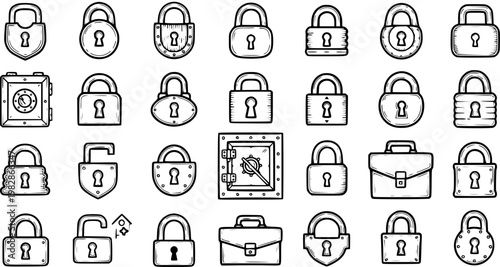 Hand-drawn Black and White Line Art Security Locks and Safes Icons Set - Protection and Privacy Doodle Collection