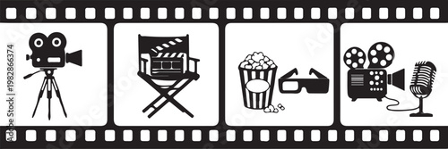 Film, movie, cinema icons, black and white, filmstrip, vector graphics