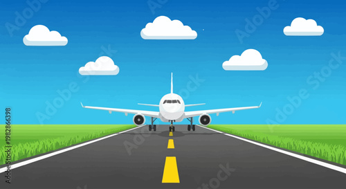 Airplane on a runway with clouds and green grass on a sunny day