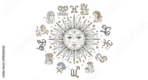 Astrology Zodiac Symbols Around Sun Face Illustration.