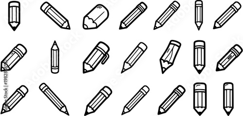 Black and White Line Art Pencils and Erasers Pattern, School and Office Supplies Vector