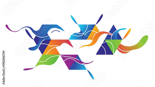 Vibrant abstract shapes in blue, orange, green, and purple hues on white background.