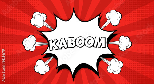 A comic book style explosion with the word KABOOM in bold letters surrounded by white clouds on a red background