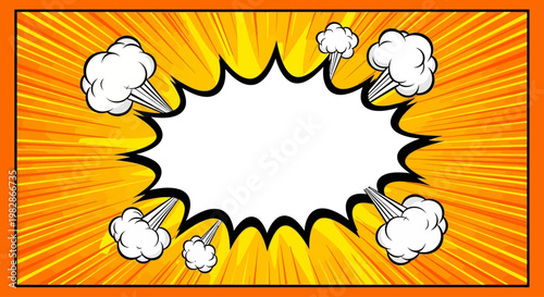 A comic book-style explosion with white clouds and yellow rays bursts outward in a rectangular frame.
