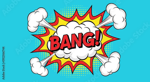 Explosion occurs with a loud bang in a bright blue environment with white clouds and a yellow starburst