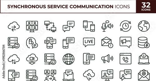 Synchronous service communication outline icon set real time messaging API interaction microservices collaboration workflow vector icons