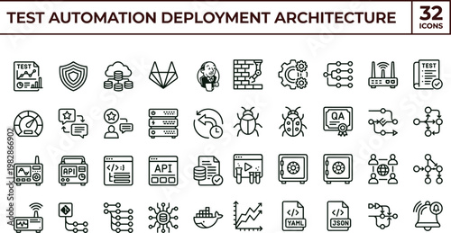 Test automation deployment architecture outline icon set CI CD QA pipeline DevOps API testing infrastructure vector icons