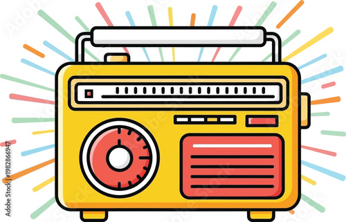 a brightly colored vintage transistor radio with radiating lines behind it is shown in a playful cartoon style illustration high quality