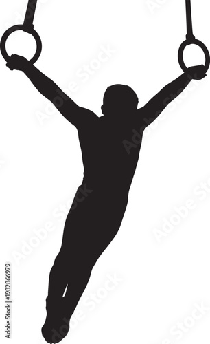 Male gymnast silhouette performing on still rings showing strength and balance in gymnastic routine