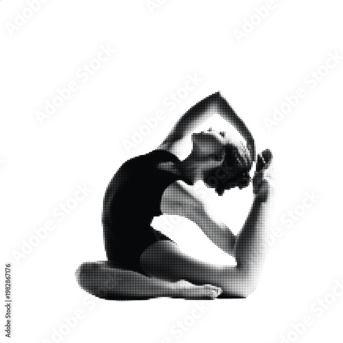 Halftone dot art flexible female dancer yoga pose silhouette black and white fitness illustration for studio gym wellness content