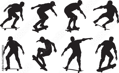Eight black silhouettes of skateboarders performing various tricks and jumps on grid background for