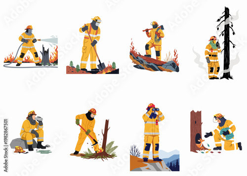 A collection of illustrations depicting wildland firefighters performing various duties like extinguishing flames, scouting, and rescuing wildlife during a forest fire.