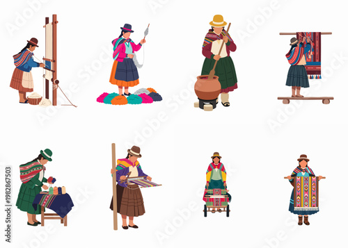 Collection of Peruvian Andean Women in Traditional Dress Engaged in Textile Weaving Spinning and Dyeing Activities Isolated on a White Background