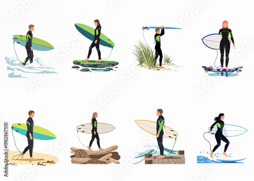 Collection of male and female surfers in wetsuits carrying surfboards at the beach, on rocks, and in waves, in a flat vector style.