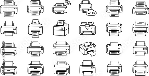 Black  White Line Art Technology Office Printers Icon Set. Outline Printing Machine, Wireless, and 3D Printer Symbols for Business.