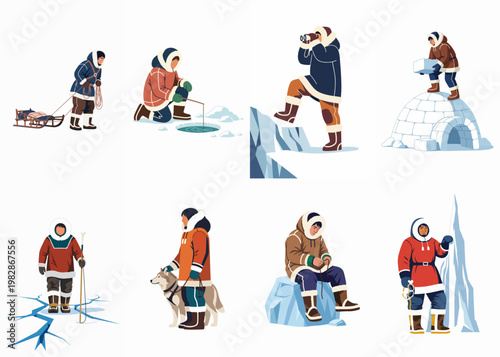 Set of Arctic life illustrations featuring Inuit people engaged in traditional activities like ice fishing, sledding, and igloo building in a snowy environment.