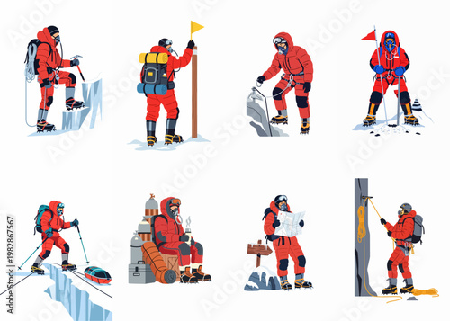 Set of illustrations featuring mountaineers in red gear engaging in various climbing, hiking, and summiting activities on snowy peaks and icy slopes.