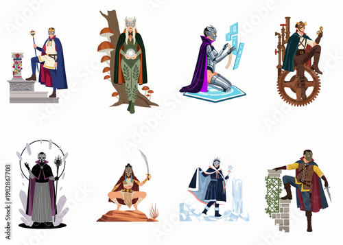 Foto Collection of diverse fantasy and science fiction character archetypes including mages, warriors, and explorers for role-playing games, literature, and creative digital storytelling