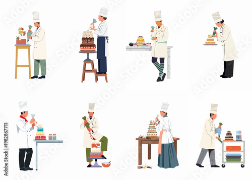 Flat vector illustration set of professional pastry chefs in white uniforms decorating various tiered gourmet cakes using piping bags and icing.