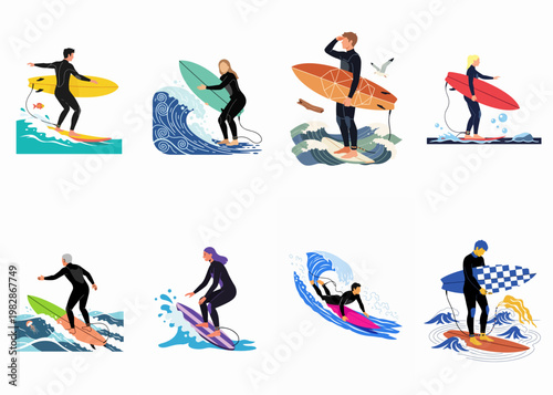 Collection of diverse surfers in wetsuits with colorful surfboards riding ocean waves, flat vector illustration style isolated on white.