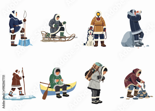 Illustration Set of Indigenous Arctic People Engaging in Traditional Daily Activities Like Hunting, Fishing, and Sledding in Cold Winter Conditions