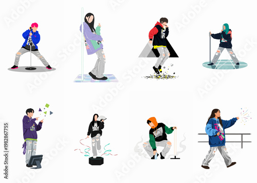 Collection of stylized flat vector illustrations depicting young K-pop performers in trendy urban streetwear during a variety of stage performances.