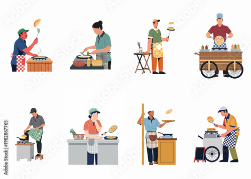 Illustration set of diverse street food vendors and professional chefs preparing various flatbreads and pancakes on mobile carts and outdoor cooking stalls.