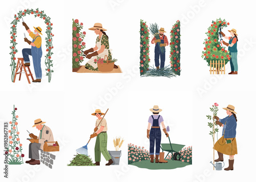 Collection of flat vector illustrations depicting people of various ages engaged in gardening activities, specifically pruning and caring for rose bushes.