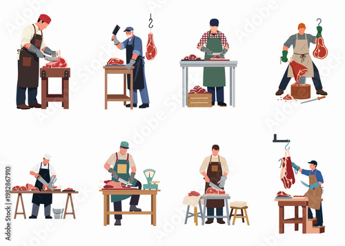 Set of professional male butchers in aprons and protective gear cutting, chopping, and processing various raw meat cuts on tables, isolated on white background.