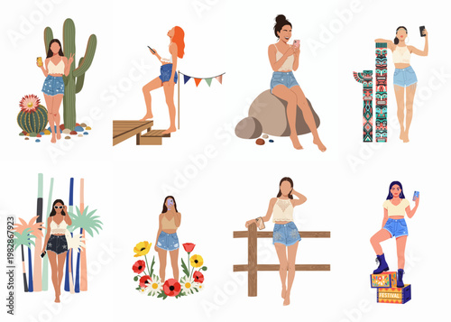 Set of flat vector illustrations of young women at a summer music festival, posing for social media selfies in bohemian style outfits.