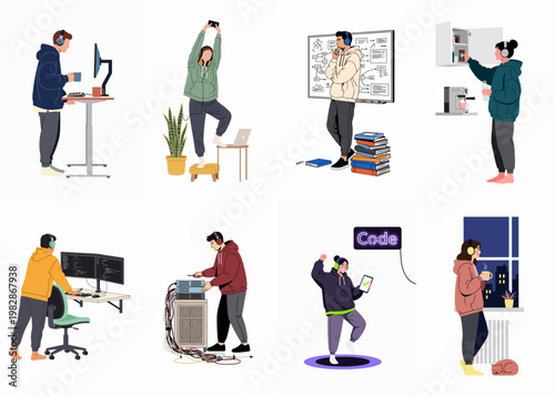 Flat vector illustrations of diverse people working in IT, coding, and remote office settings, featuring tech professionals in various home and office activities.