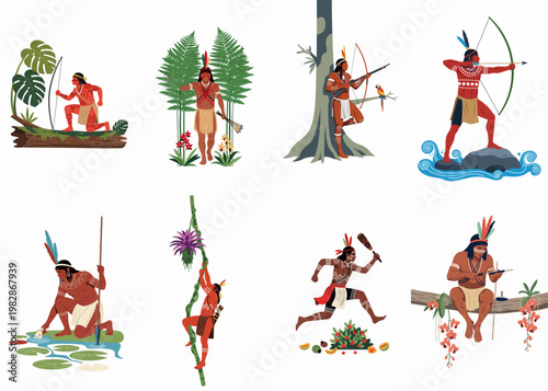 Set of illustrations depicting indigenous Amazonian people engaged in traditional activities like hunting, fishing, and gathering in the jungle environment.