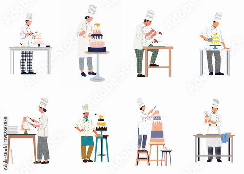 Set of professional pastry chefs decorating elaborate multi-tiered cakes, wearing white uniforms and chef hats, isolated on white background.