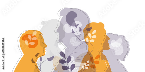 Multicultural group of grandparents. Face silhouettes with floral elements.