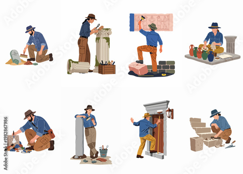 Set of flat vector illustrations depicting male and female archaeologists excavating, cleaning, and studying ancient artifacts, ruins, and historical sites.