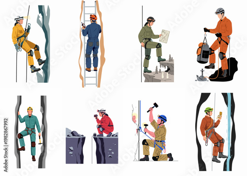 Illustrative set of speleologists and cave explorers in various underground scenarios, featuring professional equipment, gear, and diverse activities like rappelling and mineral study.