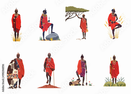 Set of diverse illustrations featuring Maasai warriors in traditional red attire, jewelry, and weapons, showcasing East African culture and tribal heritage on white background.