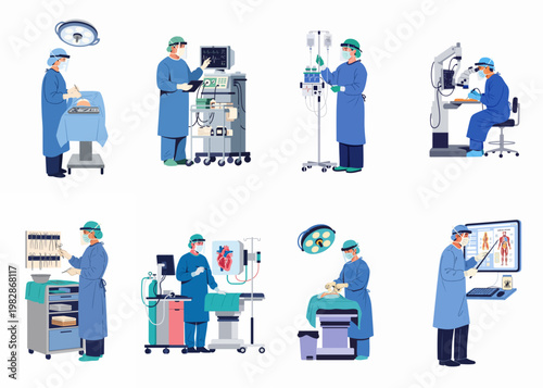 Illustration Set of Surgeons and Medical Professionals Performing Various Surgical Procedures with Advanced Equipment in an Operating Room