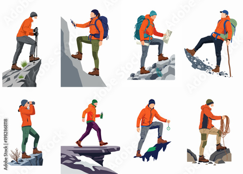 Set of flat vector illustrations of hikers and mountain climbers in orange gear engaging in various outdoor activities and expeditions.