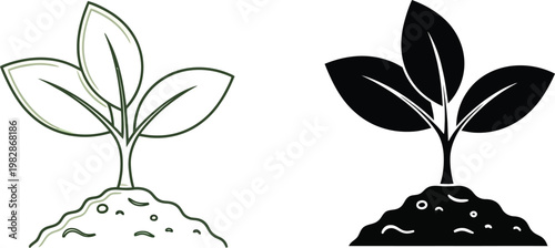 A simple illustration depicts two young plant sprouts emerging from soil one in color and one monochrome symbolizing growth and nature s duality