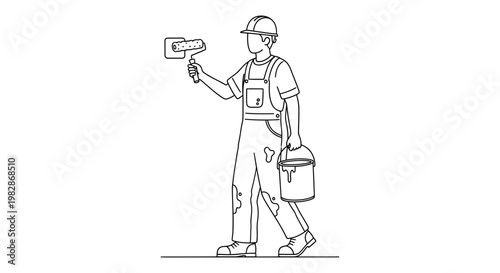 Line drawing of a painter wearing overalls and holding a roller on white background