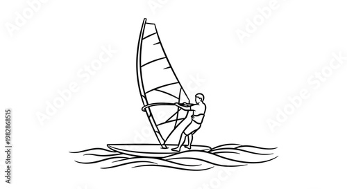 Windsurfer on water with sail and board line art drawing